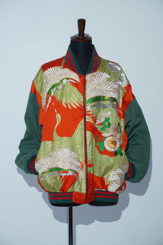 Uchikake x Cotton Pants Remade Bomber Jacket - Crane & Chrysanthemum
